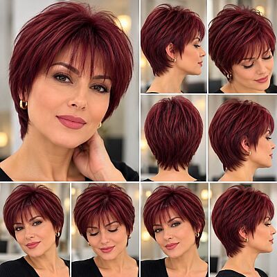 Canlı Kızıl Katlı Kesim Kısa Gerçek Saç Peruk - 1