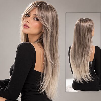 Küllü Açık Kumral Ombreli Uzun Boy Fiber Sentetik Peruk - 1